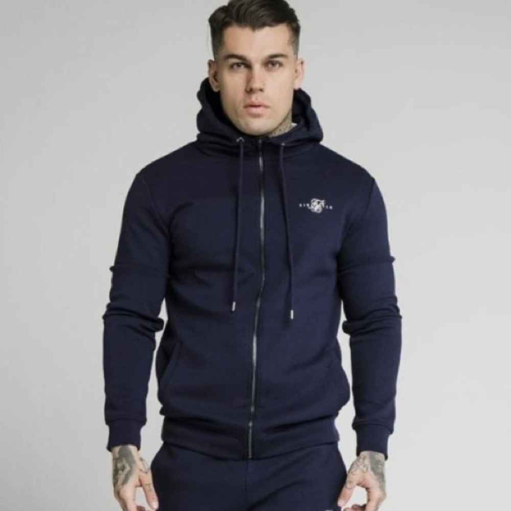 NWT- SikSilk Zip Through Muscle Fit Hoodie in Navy Men's Size Large